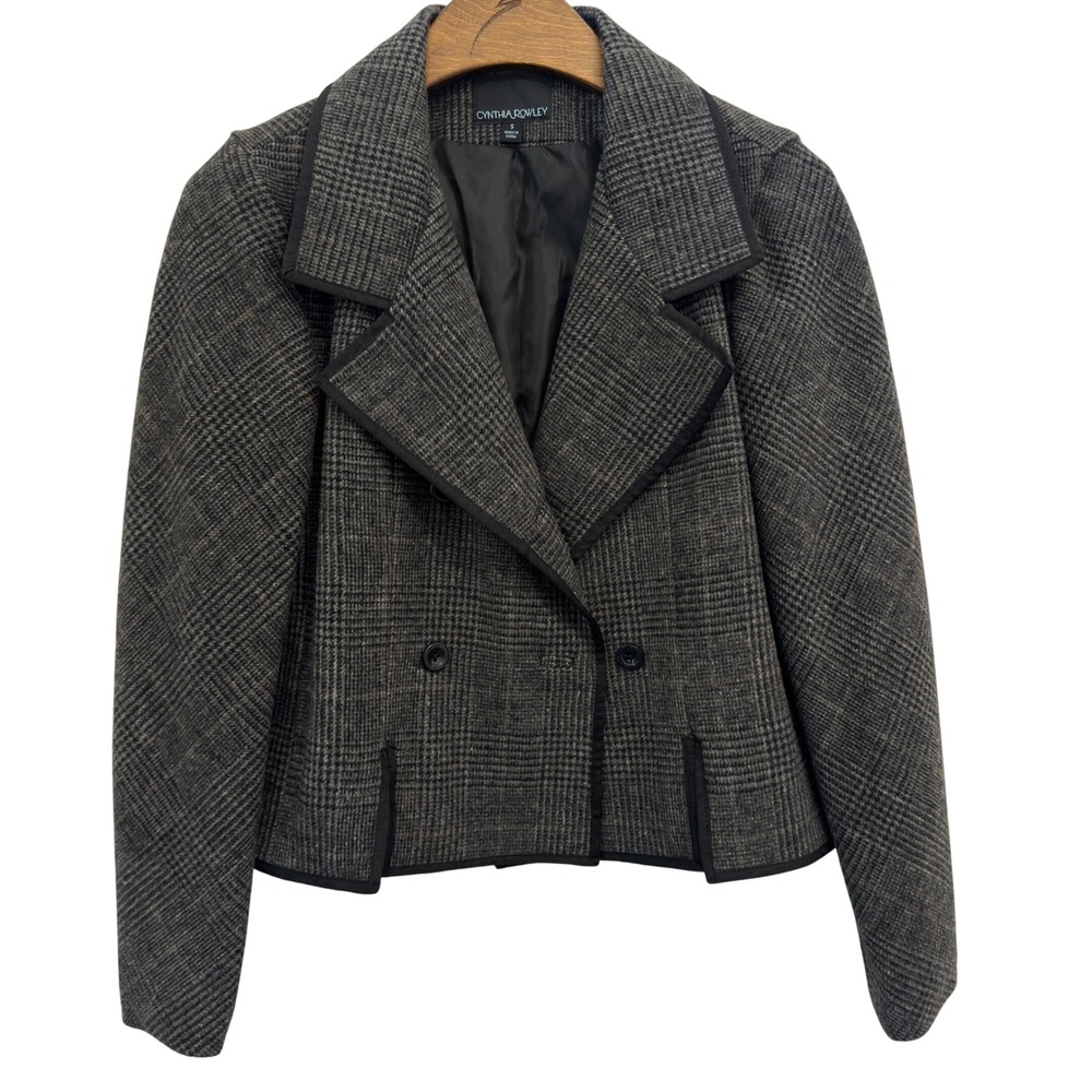Cynthia Rowley Cropped Jacket Grey Glen Plaid Double Breasted Piped Old Money S
